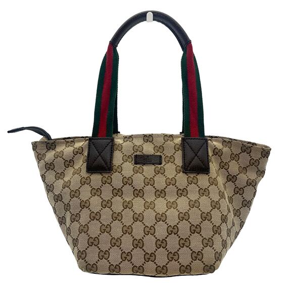 GUCCI Canvas Sherry Web Line Tote Bag GG Beige Red Green 131228
